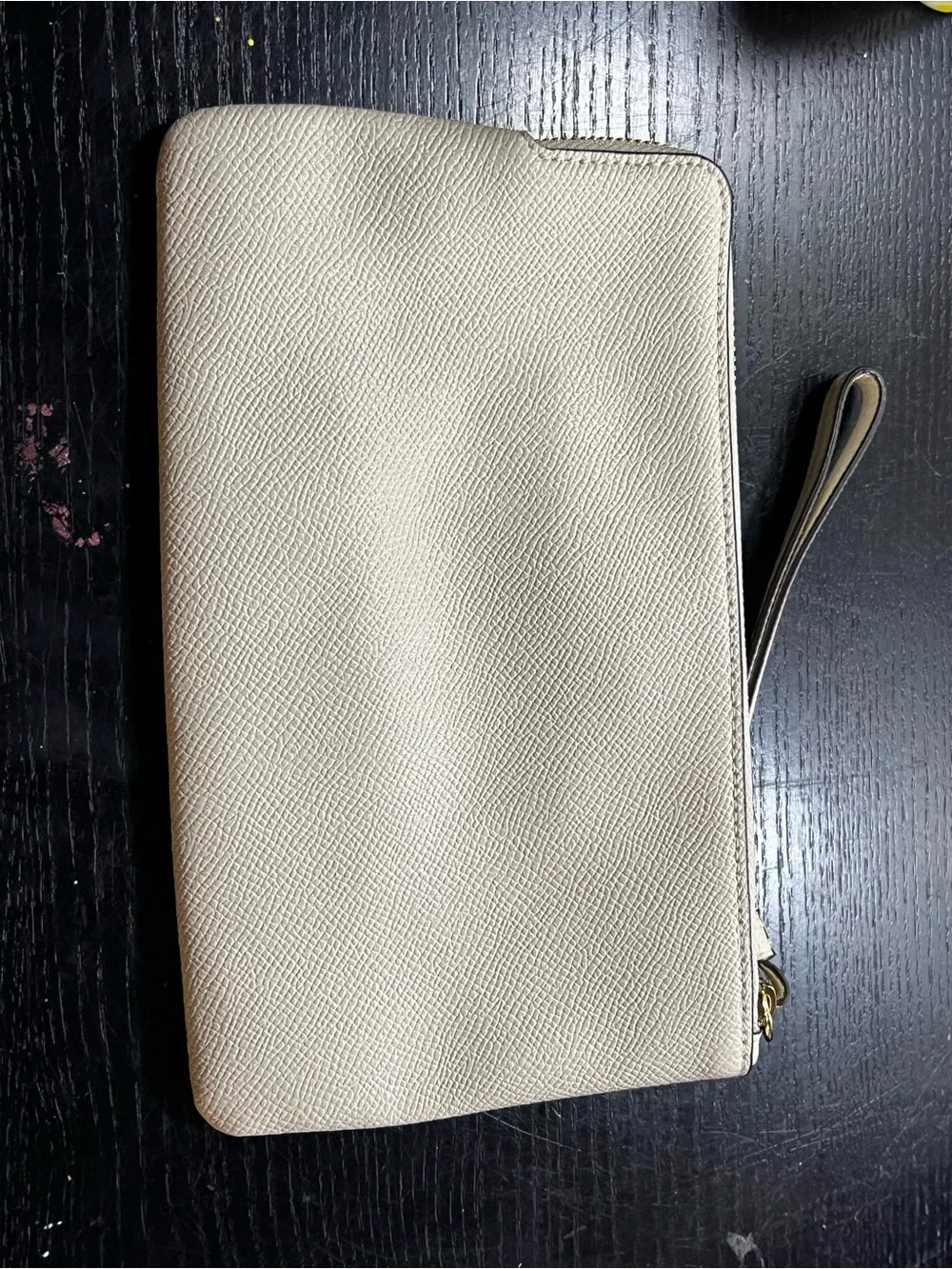 Coach Cream Leather Wristlet Clutch with Gold Logo